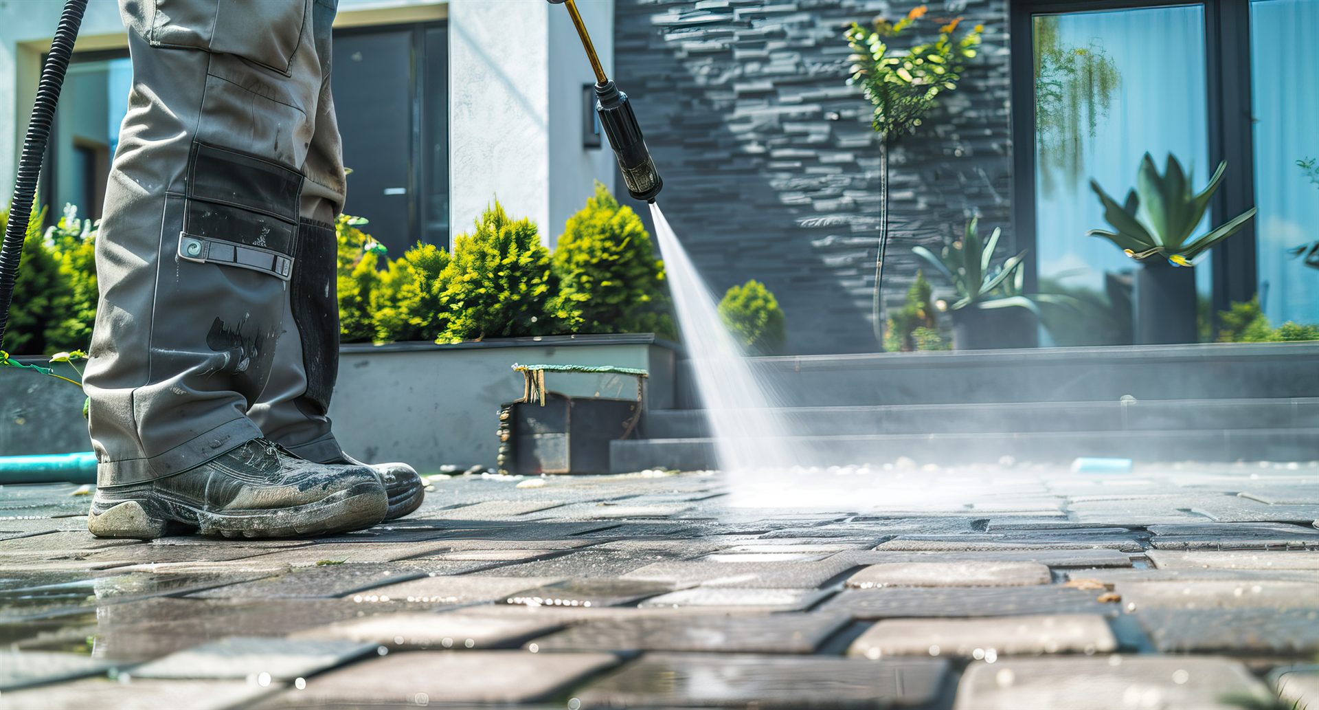 Connect Cleaning technician pressure washing pavers at a Southwest Florida commercial property with a branded company vehicle nearby